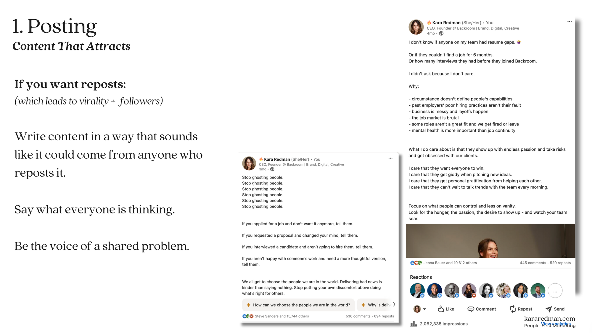 A slide from my playbook that says: If you want reposts: (which leads to virality +  followers)  Write content in a way that sounds like it could come from anyone who reposts it.  Say what everyone is thinking.  Be the voice of a shared problem. It also has 2 screenshots of viral posts. 